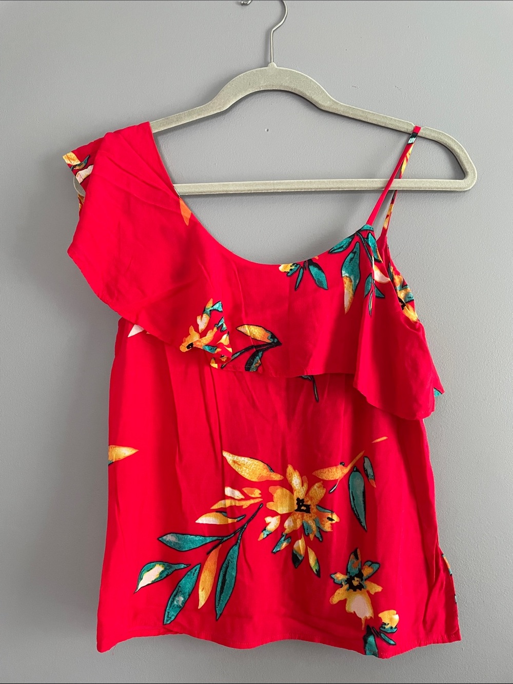 Express Red Floral Top with Yellow and Teal Accents